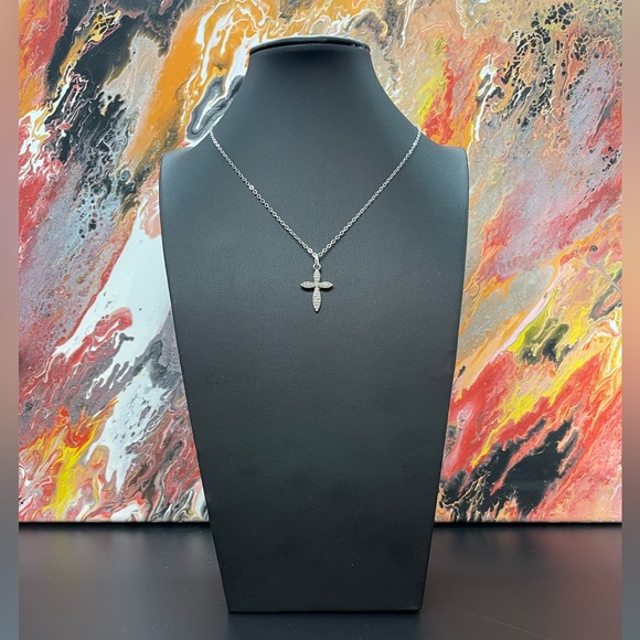 Silver Rhinestone Dainty Cross Pendant Necklace - Picture 2 of 3